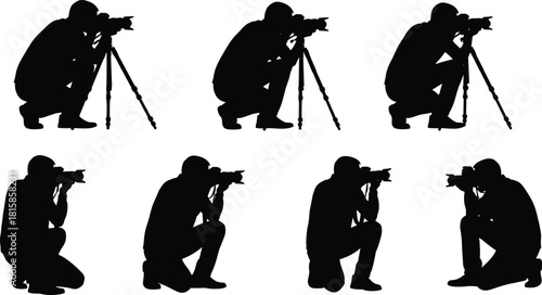 Crouching photographer silhouettes taking photo with digital DSLR camera on tripod, professional photo session vector illustration