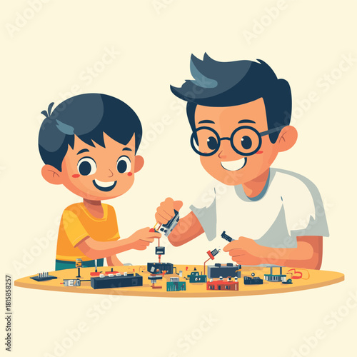 Father and son happily building electronics together a fun STEM learning activity  , vector style simple color