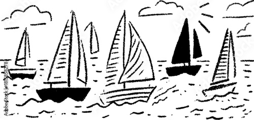 Sailboats on the ocean in black line drawing style. Simple hand-drawn vector illustration depicts a serene seascape with clouds and waves.