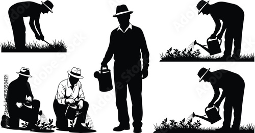 Gardener silhouettes working in garden, watering plants and weeding grass with tools, farming agriculture vector illustration