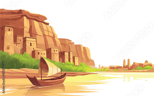 Ancient Egyptian Landscape: River Nile, Boat, Village, Cliffs, and Greenery in Warm Tones, Evoking History and Travel