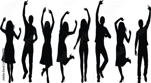 Group of black silhouettes featuring young men and women cheering and dancing dynamically with hands raised, capturing celebration, party, and festive entertainment concepts, isolated on white.