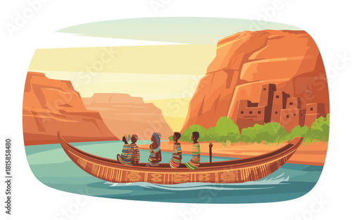 African River Journey: Illustration of People in Boat Near Desert Canyon and Cliff Dwellings with Decorative Boat Designs and Warm Sunset