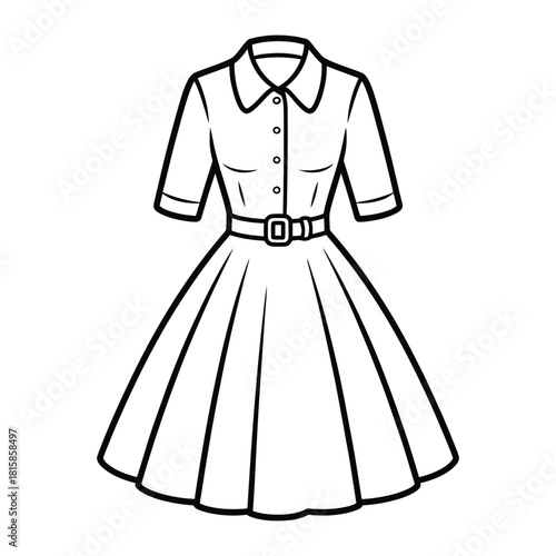 Illustration of a classic shirt dress with a belt, isolated on the dress features a collared neckline, short sleeves, and a cinched waist
