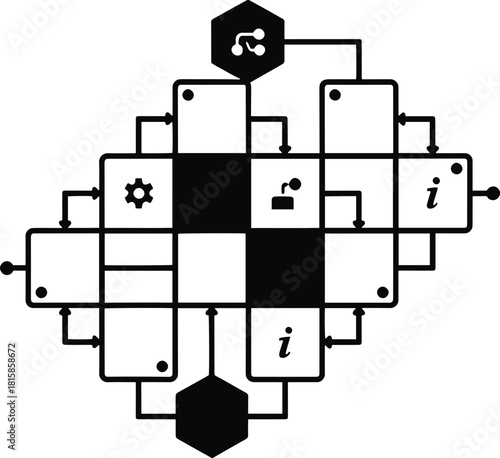 Intricate digital network with nodes connecting for complex data flow, useful for tech startups, IT solutions, blockchain, data science, and AI applications