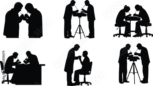 Medical team or scientists silhouettes working together, performing careful research or detailed examination, vector illustration