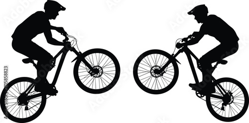 Mountain biker silhouette performing a wheelie or jump stunt on a downhill bicycle, extreme sport vector illustration