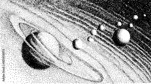 Space illustration featuring planets and Saturn in orbit. Black and white vector art creates a simple and modern illustration.