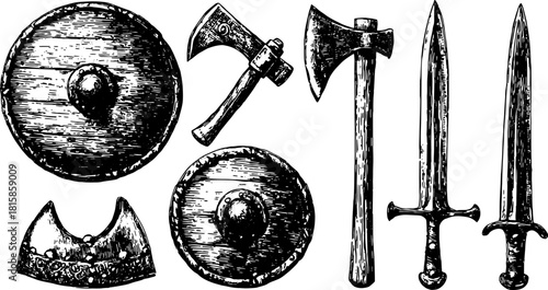 Medieval weapons set: axe, sword, and shields in vintage style. Detailed engraving showcased in a vector illustration.