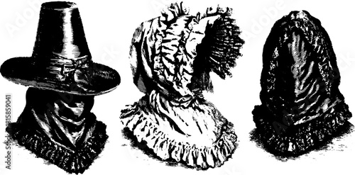 Vintage hats in black and white illustration. Detailed vector graphic design showcasing historical headwear in a classic style set.