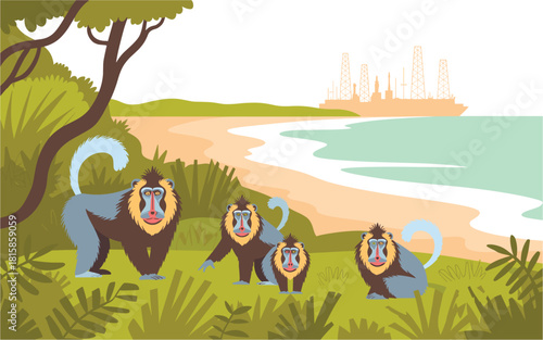 Mandrills on Beach: A Colorful Illustration of Wildlife near Industrial Infrastructure, Highlighting Environment and Wildlife Coexistence, Cartoon Style.