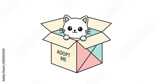 Cute white kitten in a cardboard box with 'Adopt Me' written on the side, cartoon style.