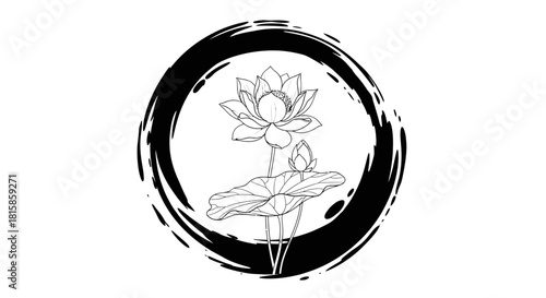 Elegant black and white lotus flower illustration inside a Zen Enso brush circle.