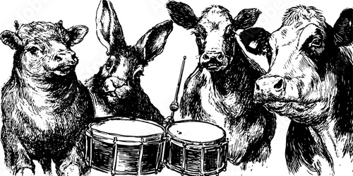 Animals playing drums in a vintage engraving style. Hand-drawn black outline illustration set as a creative vector artwork.