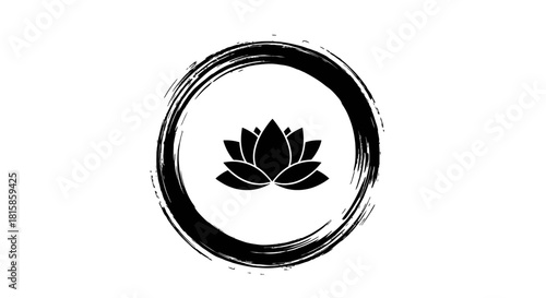 A black and white image featuring a lotus flower inside a circular brush stroke.
