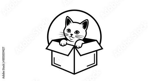 A simple black and white line drawing of a cute kitten peeking out of a cardboard box, framed in a circle.