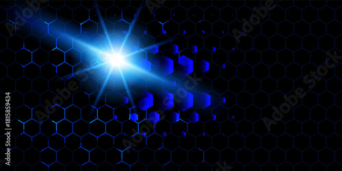 Abstract hexagon pattern on black background. Vector realistic illustration of medical science or communication technology presentation template, neon blue chemical structure, data transfer system