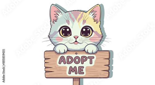 Cute cartoon kitten with big eyes holding an "ADOPT ME" sign, isolated on a white background, symbolizing pet adoption.