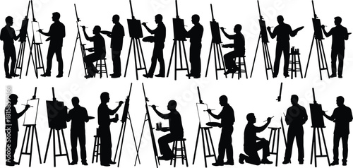Numerous black silhouettes of male painters and artists working on easels, depicted in various standing, sitting, and kneeling poses, illustrating creative fine art and professions, isolated on white.