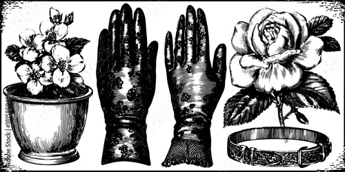 Antique engravings of flowers, gloves, and a bangle. Set of detailed vector illustrations in black line drawing style.
