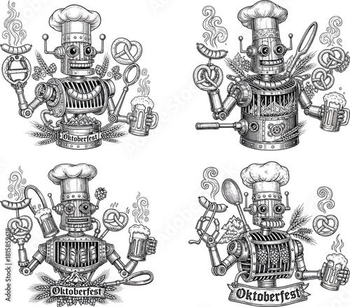 Engraved Oktoberfest Robot Chef Vector Set Featuring Detailed Bavarian Culinary Steampunk Artwork In Vintage Style