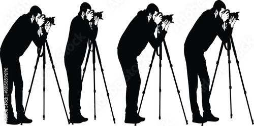 Repeated black silhouettes of a male photographer with a beard looking through a digital camera mounted on a tripod, illustrating professional shooting and media creation,