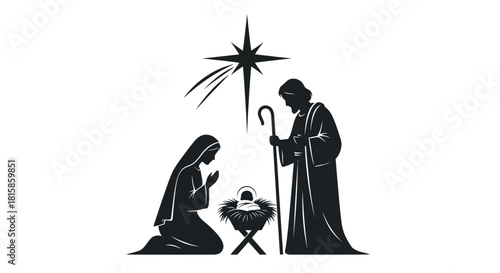 Elegant minimalist Nativity scene silhouette with star, Mary, Joseph, and baby Jesus for Christmas cards, holiday decorations, and religious designs