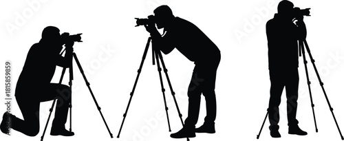 Silhouettes of a male photographer taking pictures using a digital camera on a tripod, demonstrating standing, bending, and kneeling professional shooting techniques, isolated on white.
