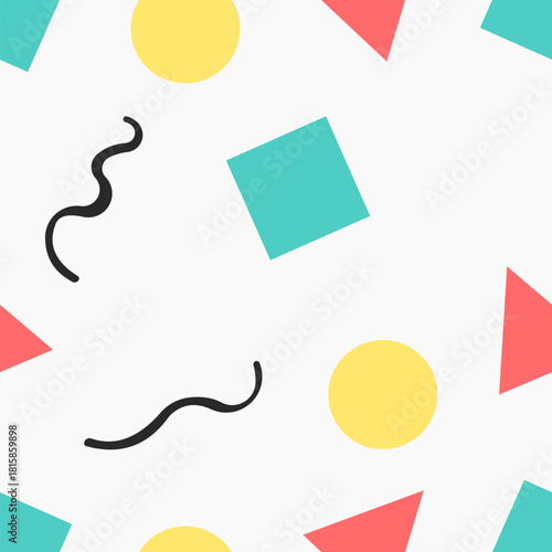 Neo-Memphis seamless pattern. Abstract vector background with tossed geometric shapes like triangles and squiggles. Colorful 90s retro texture for fun packaging, stationery, or kids textile print.
