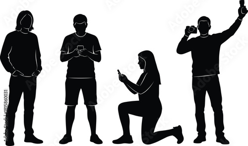 Silhouettes of diverse young people using modern digital devices like smartphones and a camera, capturing social media and technology concepts, on an isolated white background, black and white.