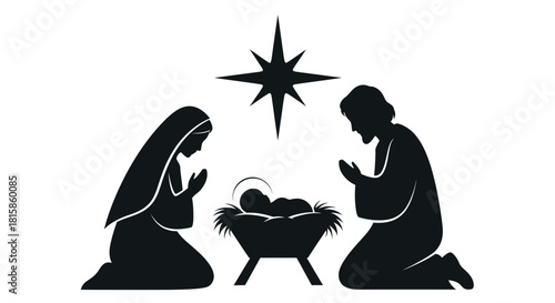 Elegant Nativity Scene Silhouette for Christmas Celebrations, Holy Family and Star of Bethlehem, Ideal for Religious Holiday Designs and Festive Greetings