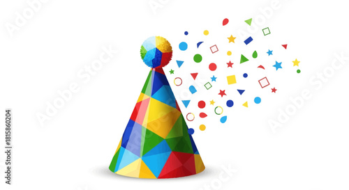 A vibrant, multi-colored party hat with a geometric mosaic pattern and exploding confetti.