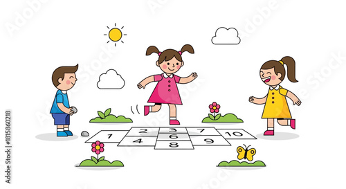 Cheerful cartoon children in colorful clothes playing hopscotch together on a sunny day.