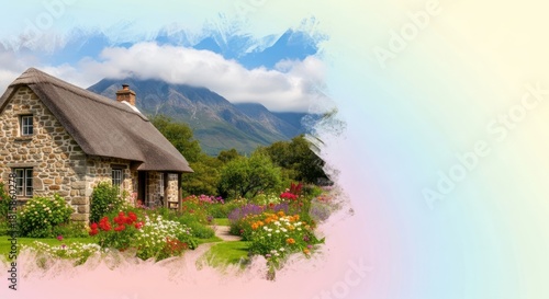 Idyllic Thatched Cottage nestled in a Vibrant Garden with Mountain View