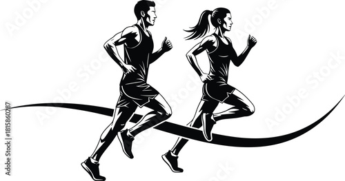 Stylized black and white vector silhouette of a fit male and female couple running together dynamically over a decorative wave element, representing fitness, health, and athletic lifestyle.