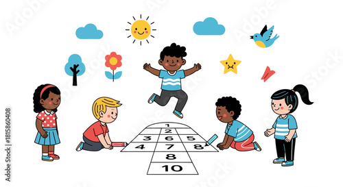 Happy diverse children playing hopscotch, one boy jumping on the numbered grid.