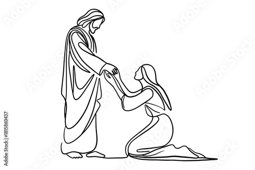 One-line drawing of Jesus lifting and comforting a kneeling woman — minimalist continuous line Christian illustration on white background