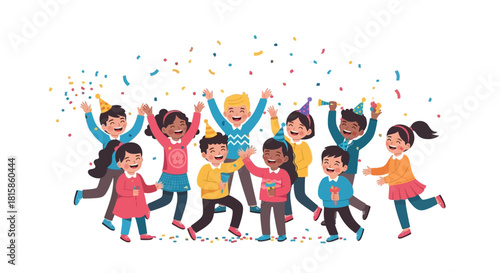 Joyful diverse cartoon children celebrating with confetti and party hats, jumping happily.