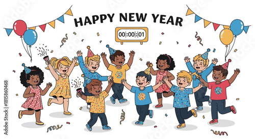 Joyful diverse children in colorful party hats, cheering and jumping with excitement.