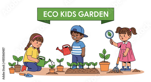 Three Children Gardening - Watering Plants, Examining Leaves, and Tending to Seedlings.