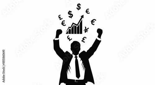Successful businessperson celebrating financial growth with currency symbols, vector illustration
