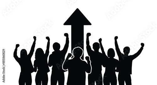 United Team Silhouettes with Upward Arrow Symbolize Powerful Collective Success, Ambition, and Progressive Business Development towards Shared Goals and Triumph