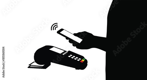 Contactless payment Mobile payment vector illustration of person paying with phone at payment terminal