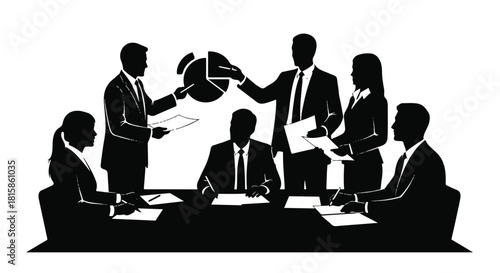 Silhouette of a corporate team in a business meeting, collaborating on a presentation with data charts. Vector illustration of professional teamwork