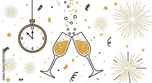 Celebrate New Year's Eve with toasting champagne glasses and fireworks, a joyous moment with confetti and the countdown clock striking midnight