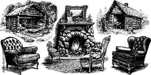 Antique engravings of cozy cabins and elegant furniture. Vintage black line drawings in a decorative set, ideal for a vector illustration.