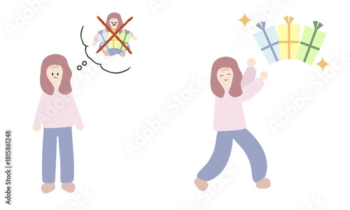 欲張ることを我慢する女性と欲しいものを欲しいという素直な女性の対比イラスト