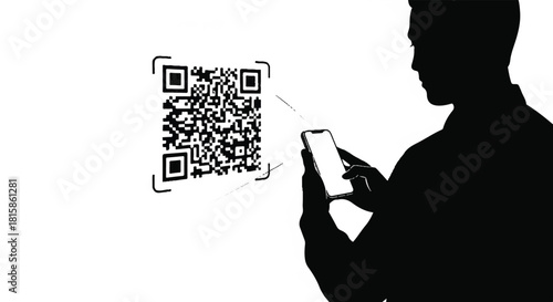 Silhouette of a man scanning a QR code with a smartphone for digital access, a vector illustration