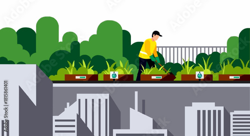 A man tends to a lush rooftop garden with planter boxes high above a modern city skyline.