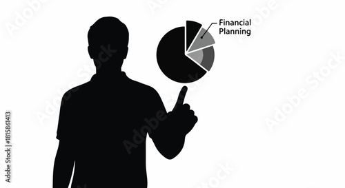 A vector silhouette of a person presenting a pie chart focused on the concept of financial planning and analysis